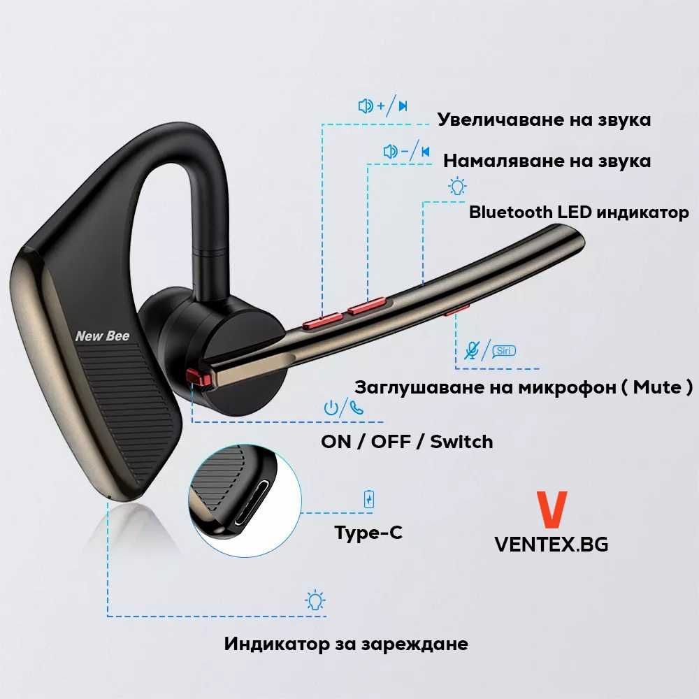 Безжична Bluetooth 5.2 Handsfree блутут слушалка за телефон 24 часа