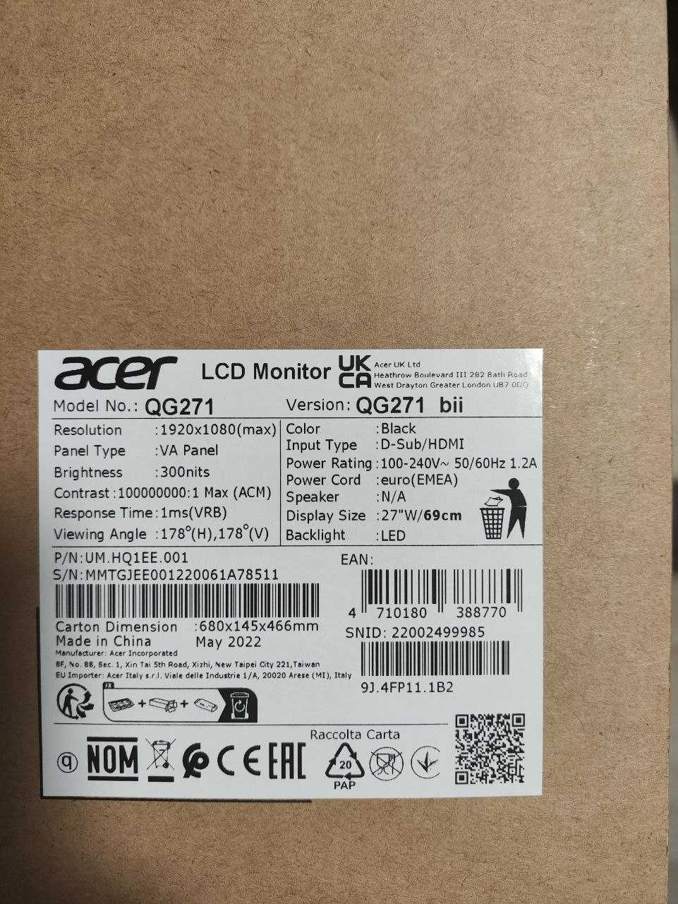 27" Монитор Acer Nitro QG271bii черный