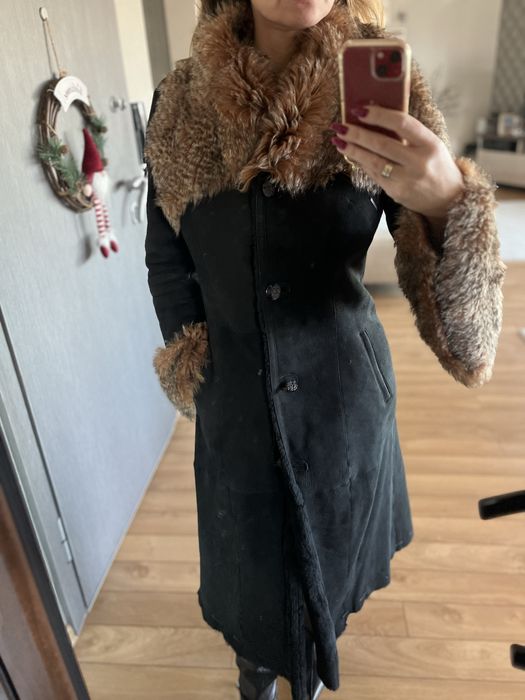 Rockeds черно кожено яке дълго палто С качулка с лисица