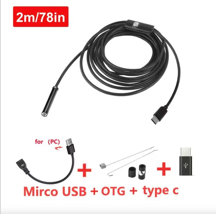 Эндоскоп бароскоп для Андроид разъем mini usb+ Type C 2 метра