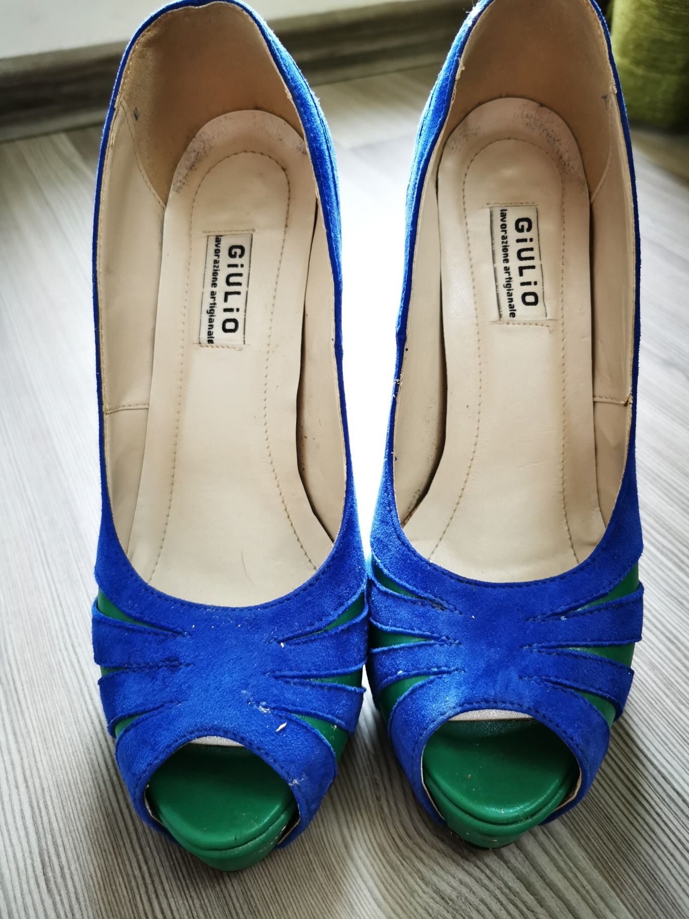Pantofi dama piele albastru/verde peep toe stilettos cu platforma, 39