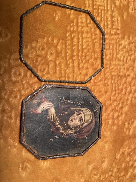 Pictură veche pe metal – temă religioasă „Mater Dolorosa”