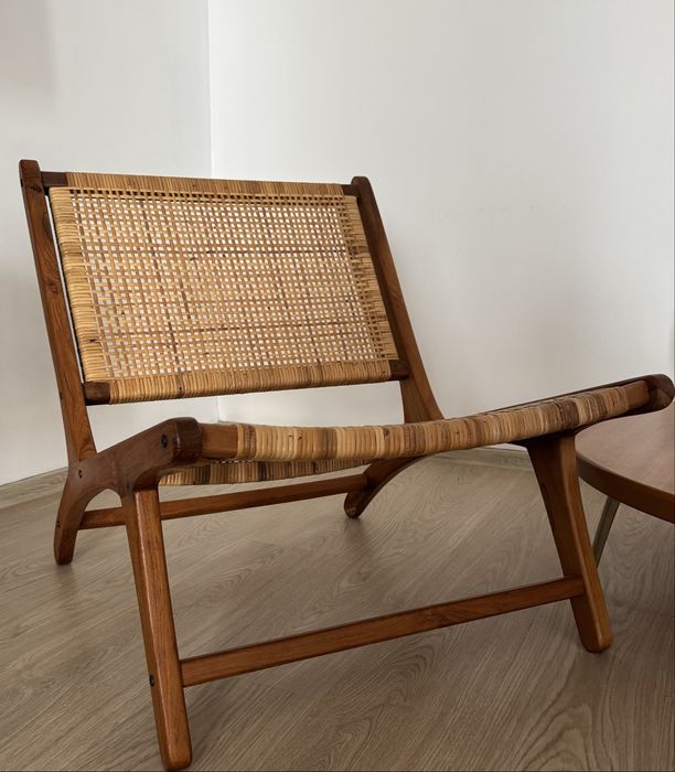 Scaun lounge din lemn masiv și ratan – stil boho / scandinav-2bucati