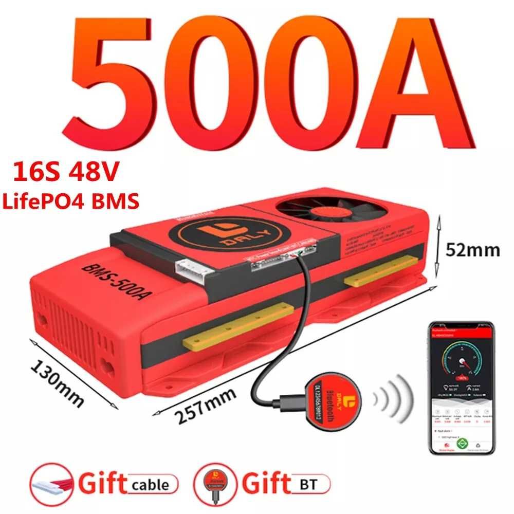 Daly BMS 16S 48V 500A LiFePO4 Smart с вентилатор и Bluetooth модул.