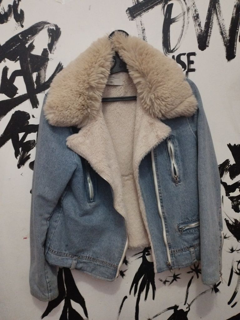 Джинсовая теплая  куртка,  пальто, дублёнка косуха