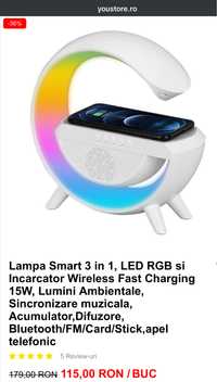Lampa Smart 3in1 nodel mare cu incarcator wireless,rgb,difuzor