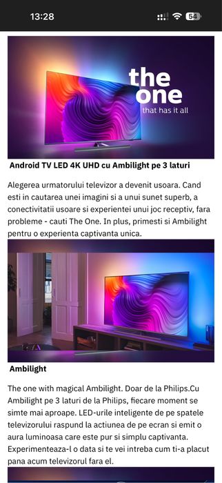 Vând Televizor Philips Ambilight The One LED 58PUS8536, 146 cm