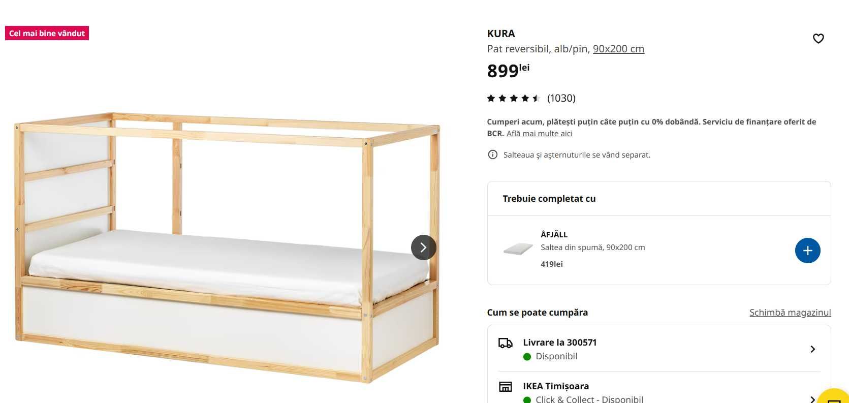 Pat reversibil Ikea, alb/pin, 90x200 cm