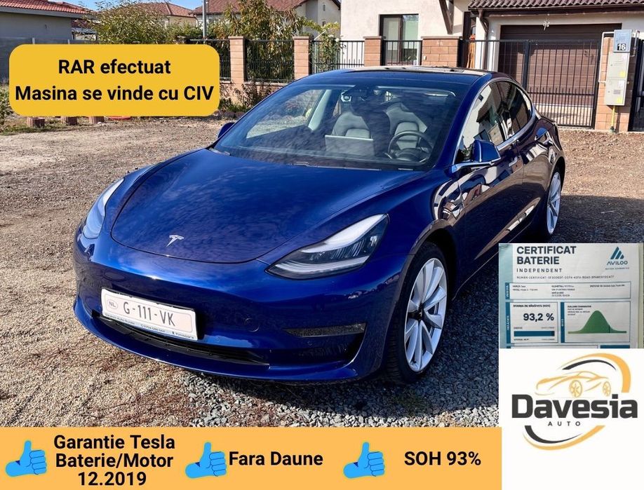Tesla Model 3 Certificat Baterie 93% LR Dual Motor Conectivitate si SunetPremium