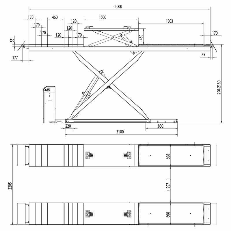 Elevator auto tip foarfecă pentru geometria roților L: 5000 mm