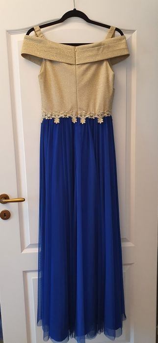 Rochie eleganta, lunga, albastru royal si auriu