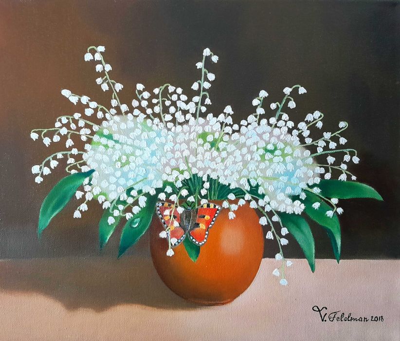 Картина маслом "Букет ландышей в вазе"