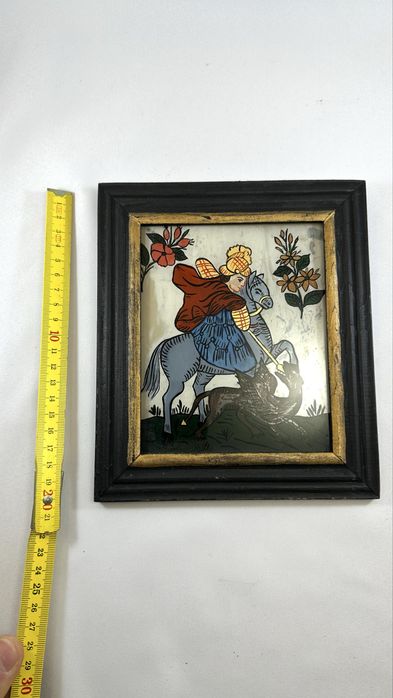 Icoana veche pictata pe sticla Sfantul Gheorghe vintage de