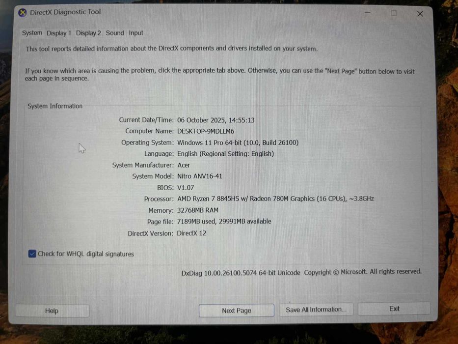 Acer Nitro ANV16-41 – Ryzen 7 8845HS/RTX 4050 6GB / 32GB RAM / 1TB SSD
