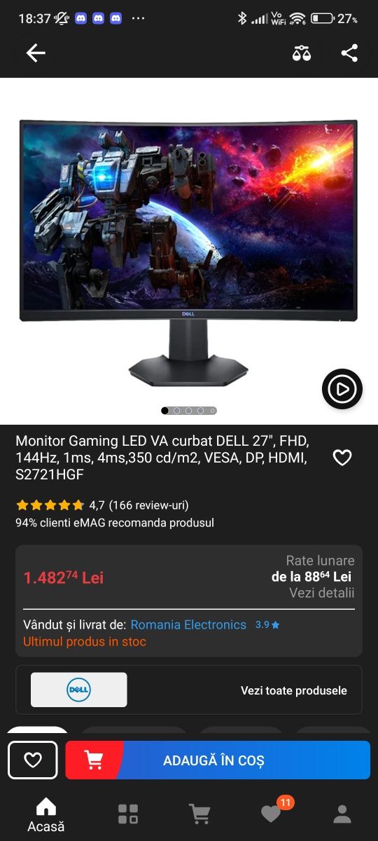 Monitor Gaming Dell 27" 144HZ FHD