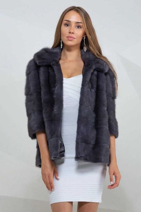 Haina blana vizon , Haină blană nurcă cu glugă, gri , 4 in 1 , m.M-XL