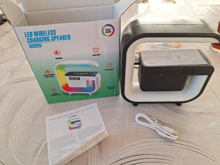 Încărcător wireless, cu led, ceas și boxa bluetooth