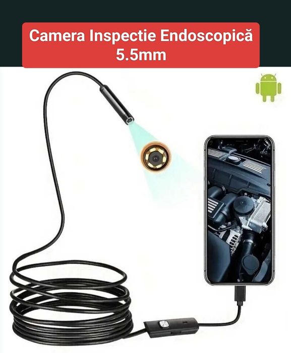 Cameră endoscopică 2m cu LED-uri reglabile și USB/Type-C