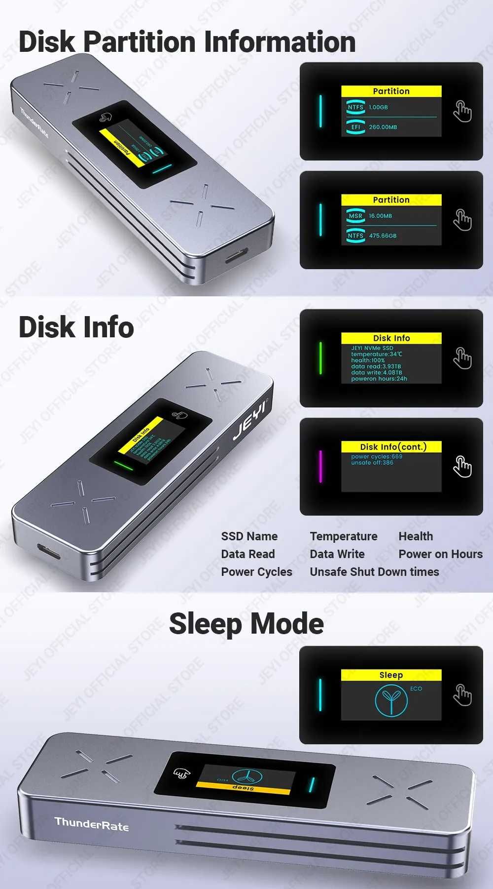 Carcasă SSD JEYI i9X Display Visual M.2 NVMe SATA Protocol Dual