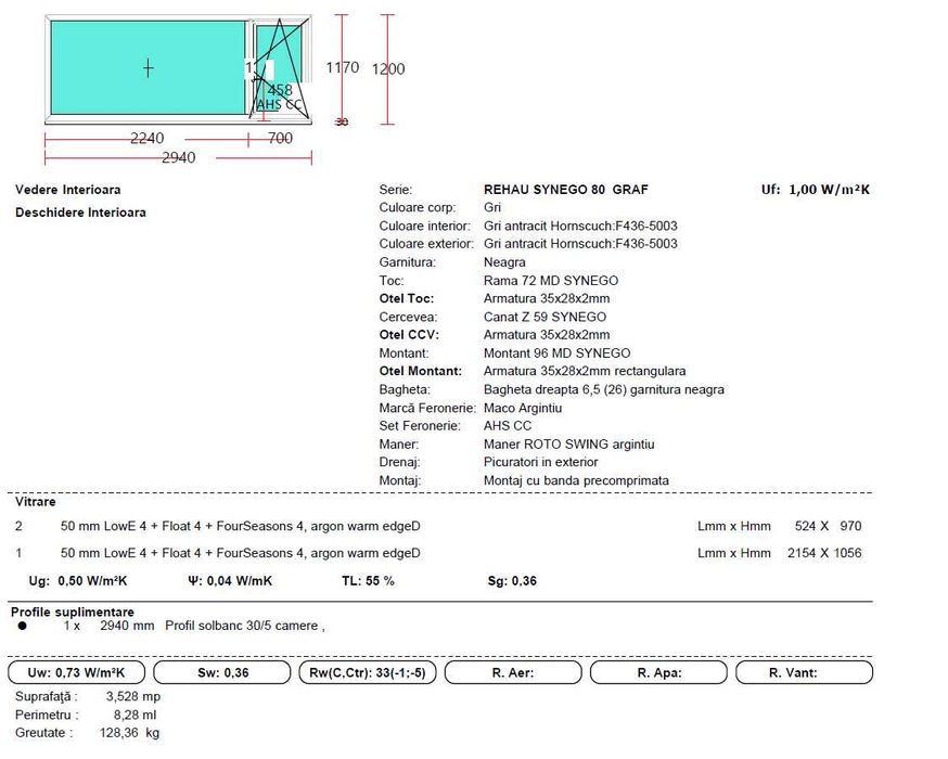 Vand Geam Rehau Synego 80 Gri antracit 2940 x 1200 nou!
