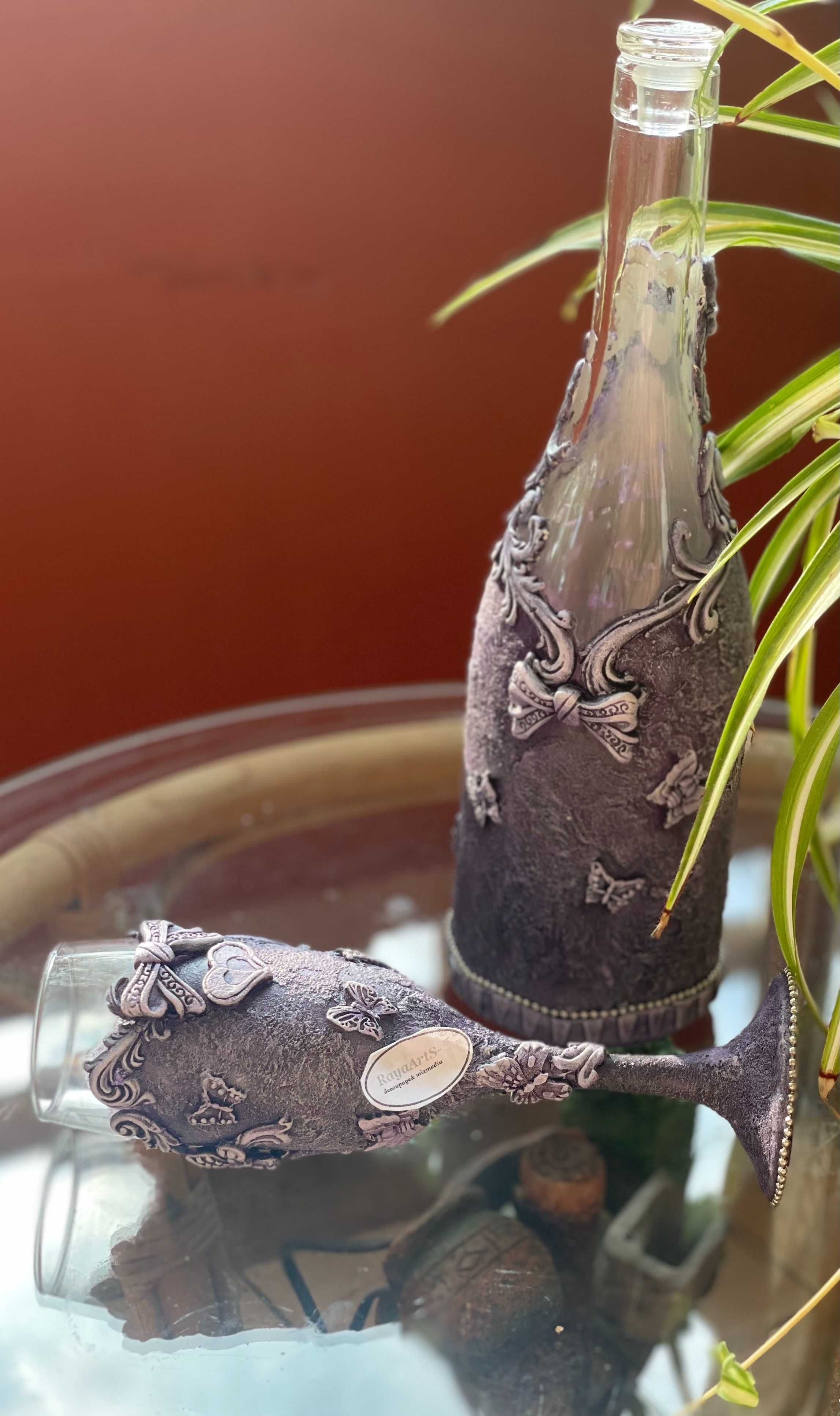 Луксозен комплект чаша и бутилка за вино - ръчна изработка