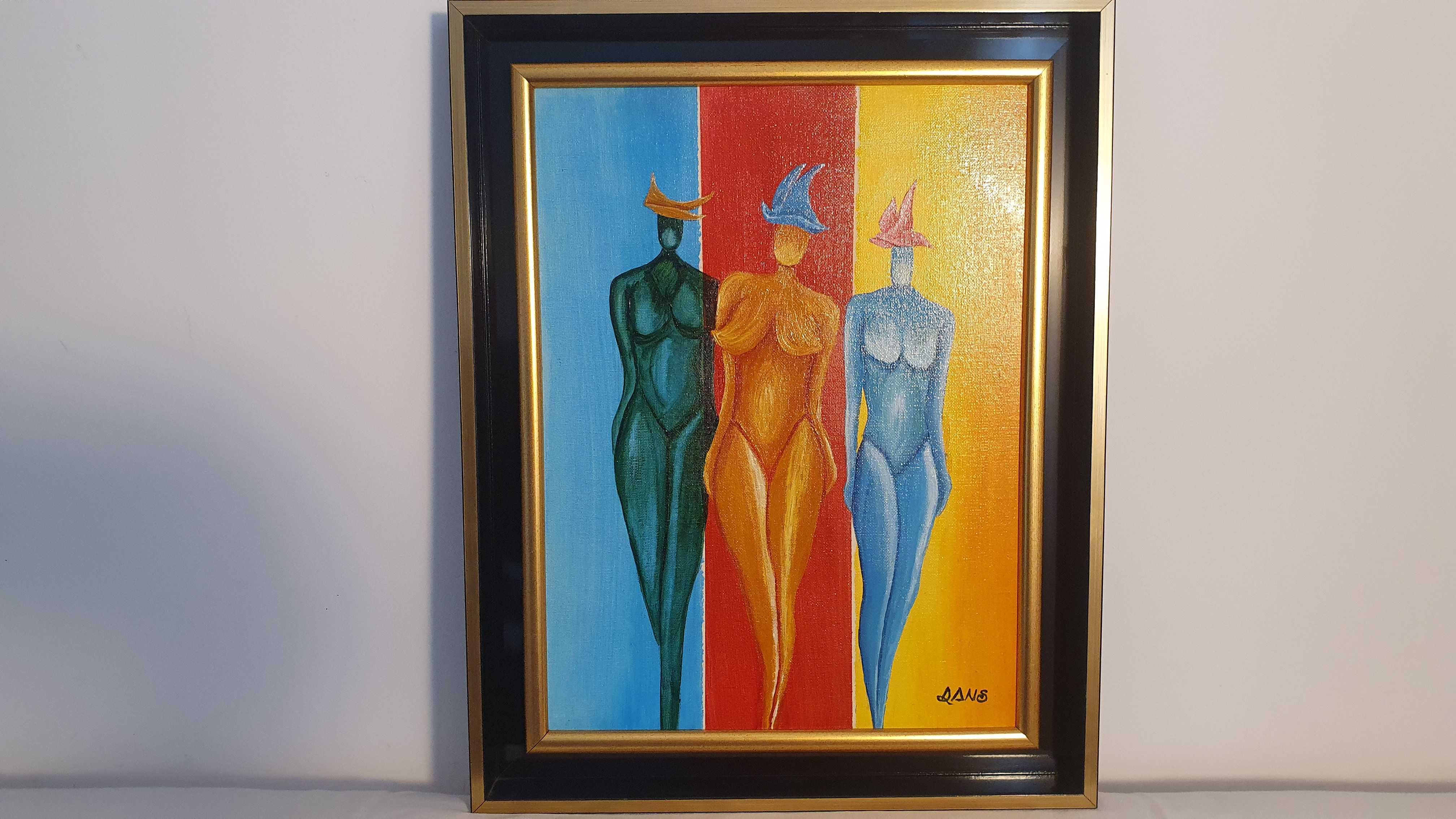 PICTURA, tablou modern ,"FETE CU PALARII" , 45x55cm, pictor consacrat