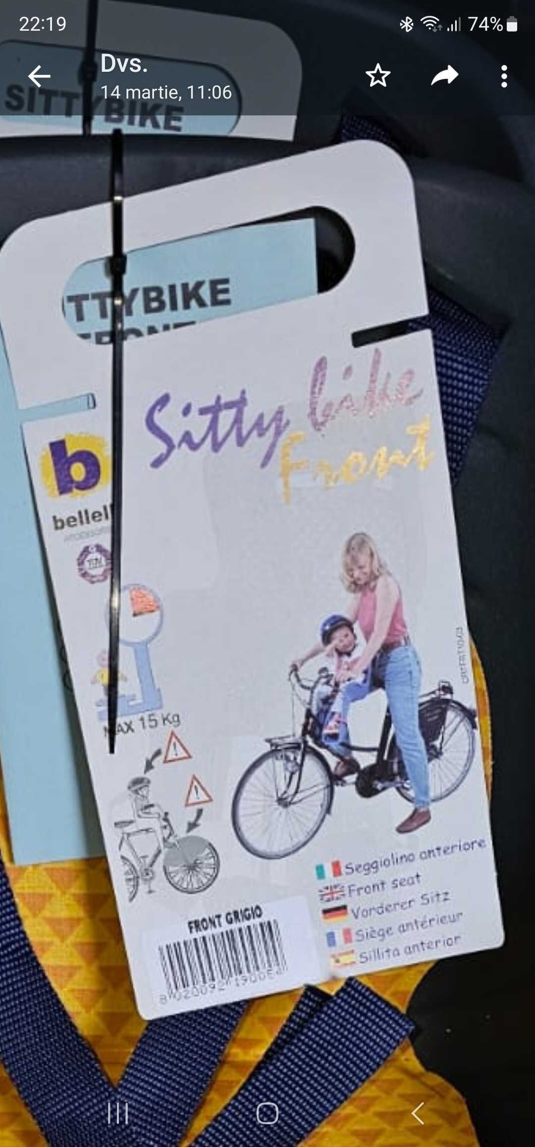 Scaun de bicicleta copii, prindere pe cadrul faţă, Marca Bellelli, NOU
