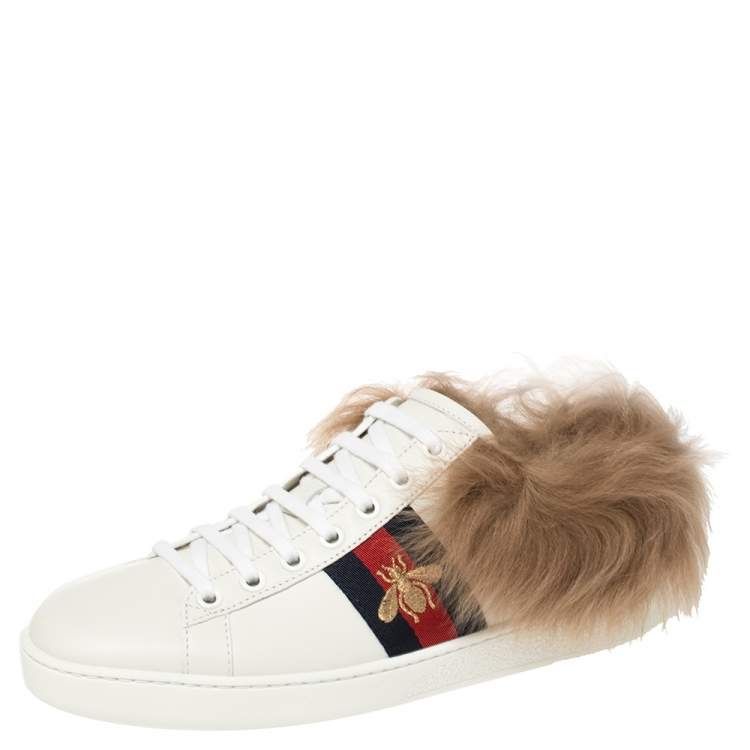 Sneakers Gucci White Leather & Fur Ace embroidered bee,produs original