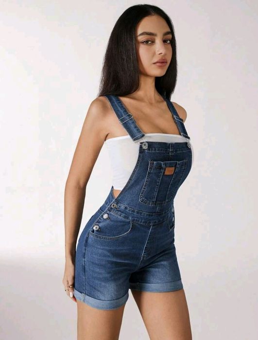 Salopetă din blugi scurtă/complet fitness albastru