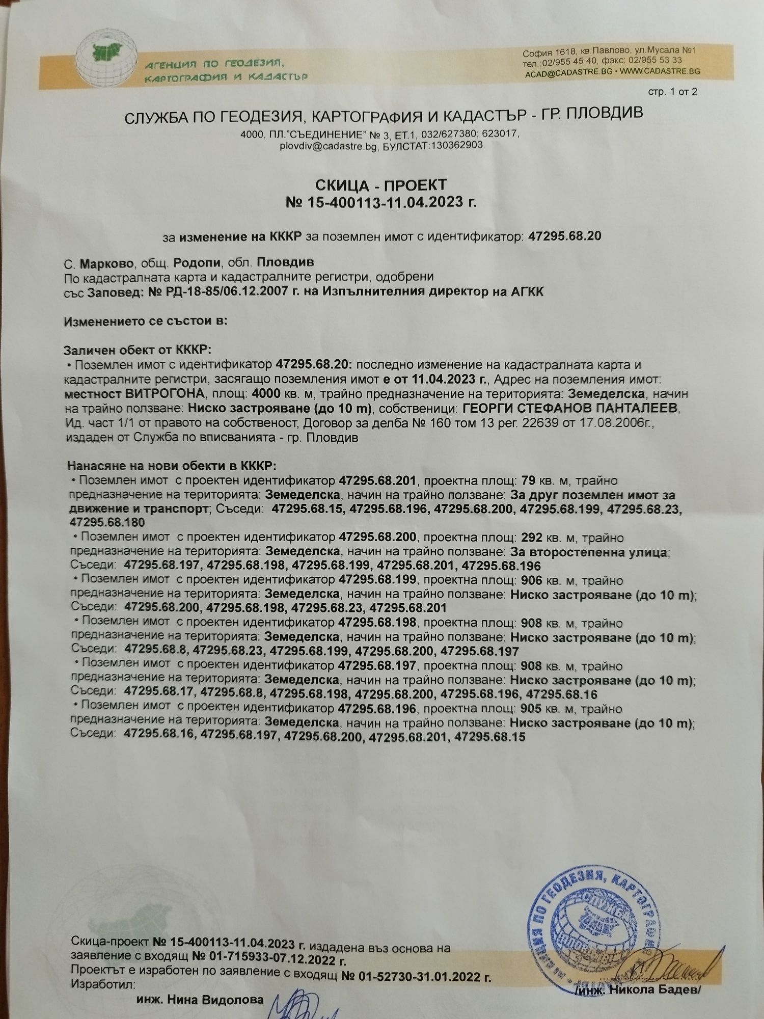 Собственик 4 по 1дка УПИ с. Марково