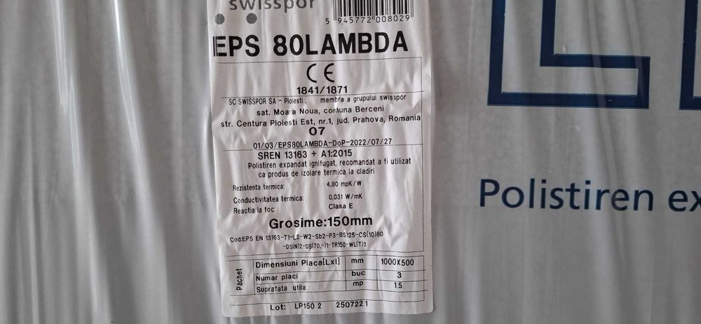 Polistiren grafitat EPS 80, 15 cm, profil 15 cm, dibluri 10x220 mm