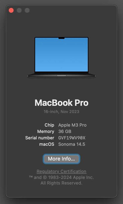 MacBook M3 Pro 16" /12C CPU/20C GPU/36GB/512GB SSD/Apple 2024