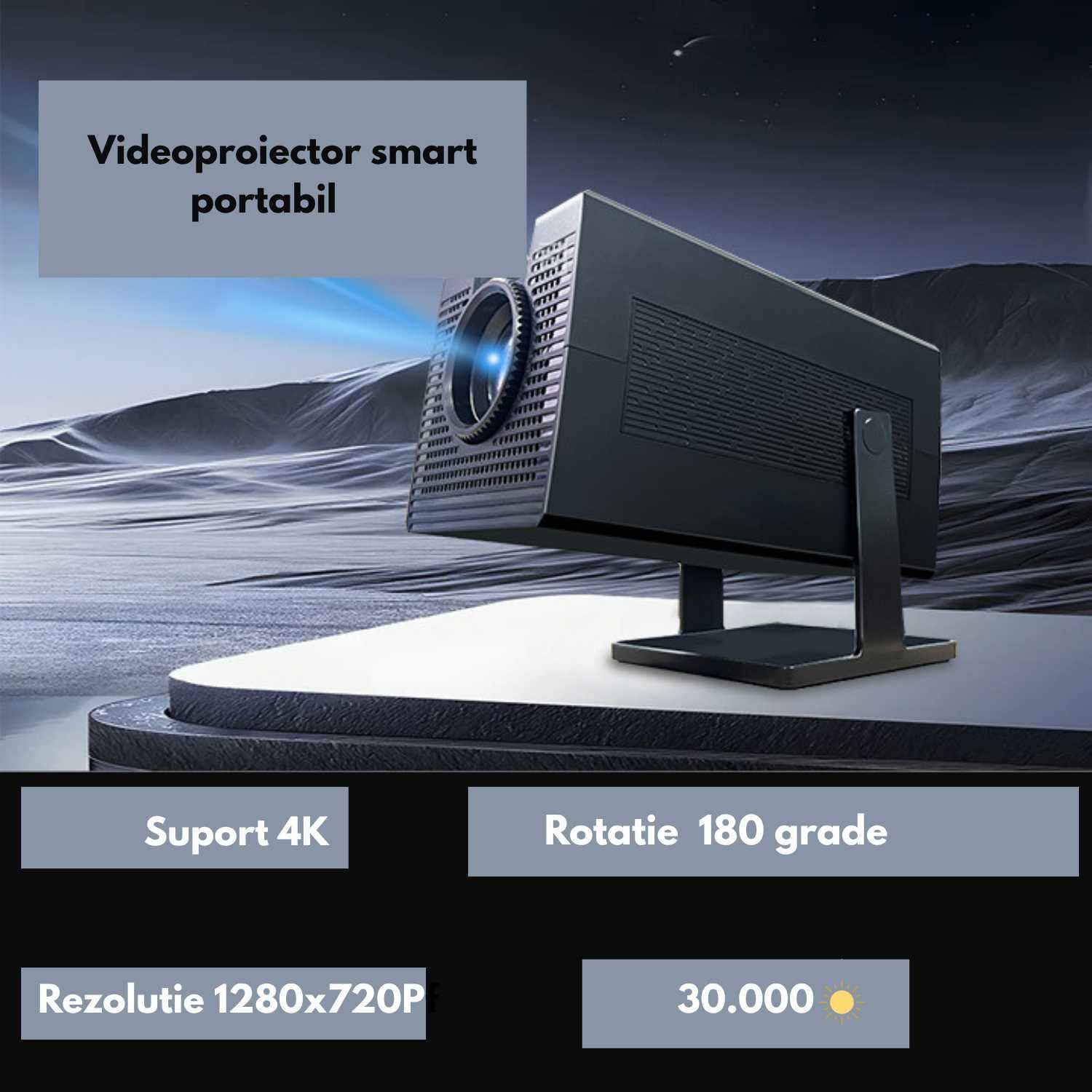 Videoproiector portabil, negru, 16:9, 1280 x 720 px, Wi-Fi ,1080p 4K