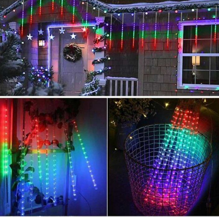 Соларни коледни лампички падащ сняг LED многоцветна светлина 3м х 30см