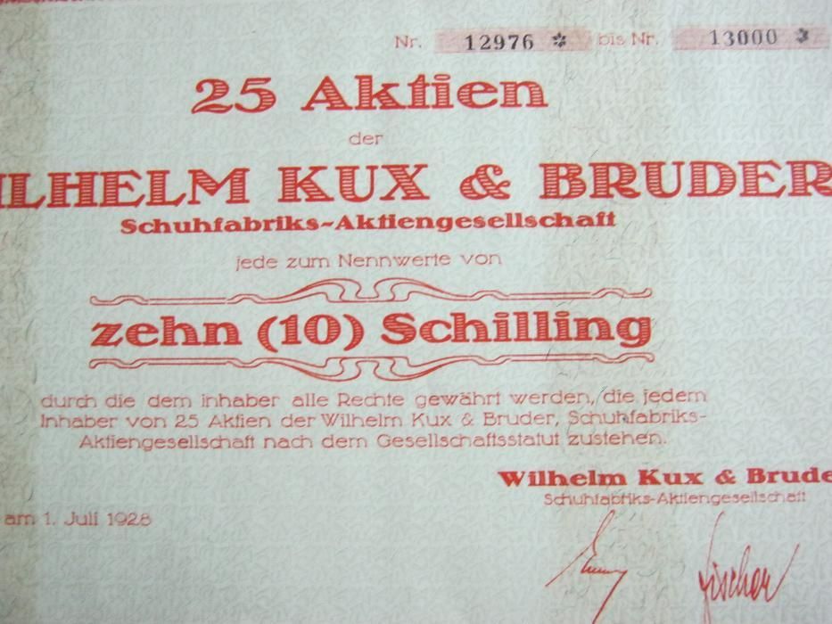 Actiune,Viena,fabrica de pantofi,1928.Wilhelm KUX&BRUDER.