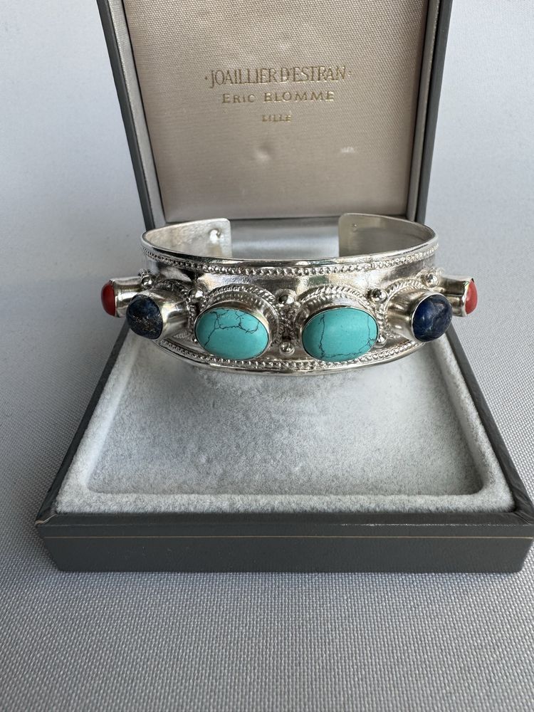 Bratara din argint, lapis lazuli, coral si turcoaz