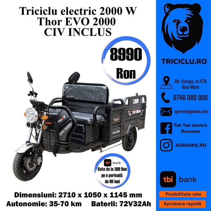 Tricicleta Thor EVOmotor2000w electrica  Noua carte CIV invlus Agramix
