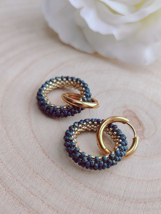 Ръчно изработени обеци халки с висулка от Японски мъниста, Стомана