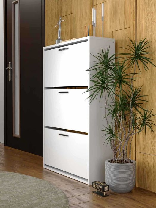 Шкаф за обувки с 3 падащи врати – бял и дървесен цвят/Шкафче за обувки