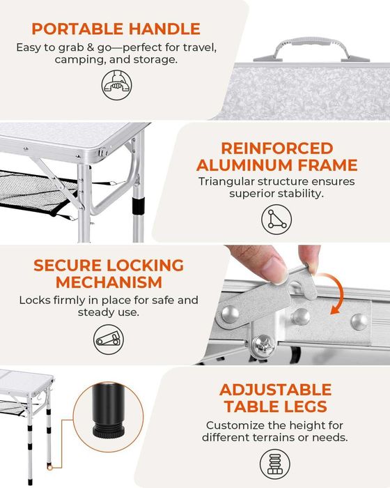 Sportneer сгъваема къмпинг маса 60×40 см с 3 височини