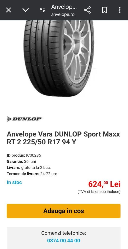 SET 4 anvelope vara  225/50/17 Dunlop Sport Maxx rt 2