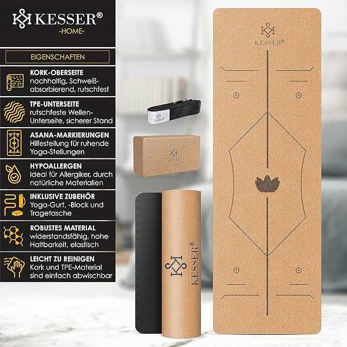 KESSER® постелка за йога корк, включително чанта за носене  183 x 62
