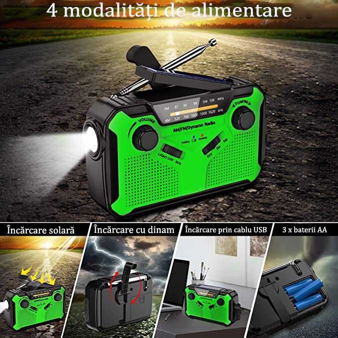 Radio Portabil Camping, cu Incarcare Solara, Baterie 4000 mAh