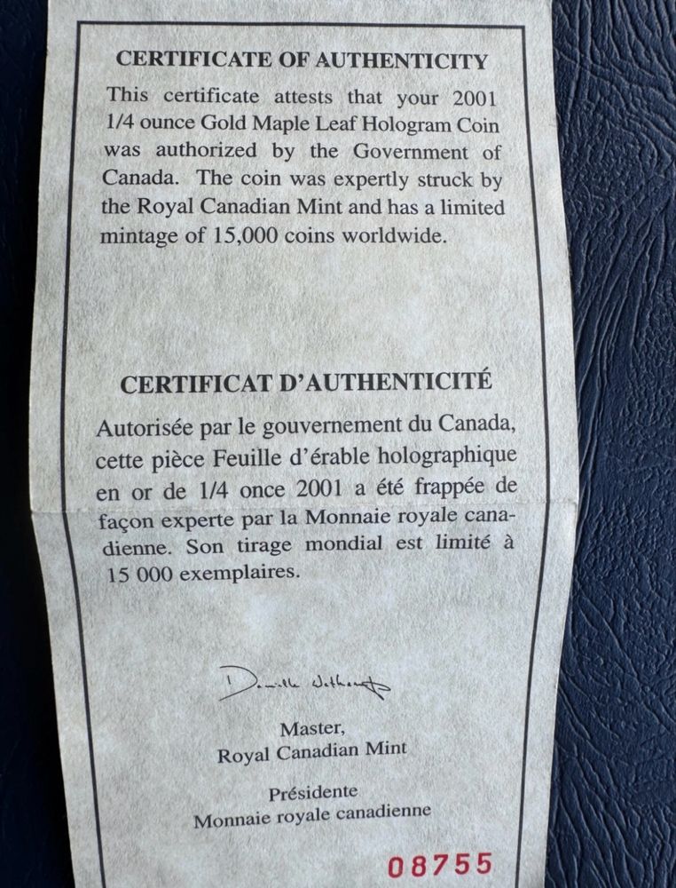 2001,$10 Canada Gold 1/4Oz. Златна монета