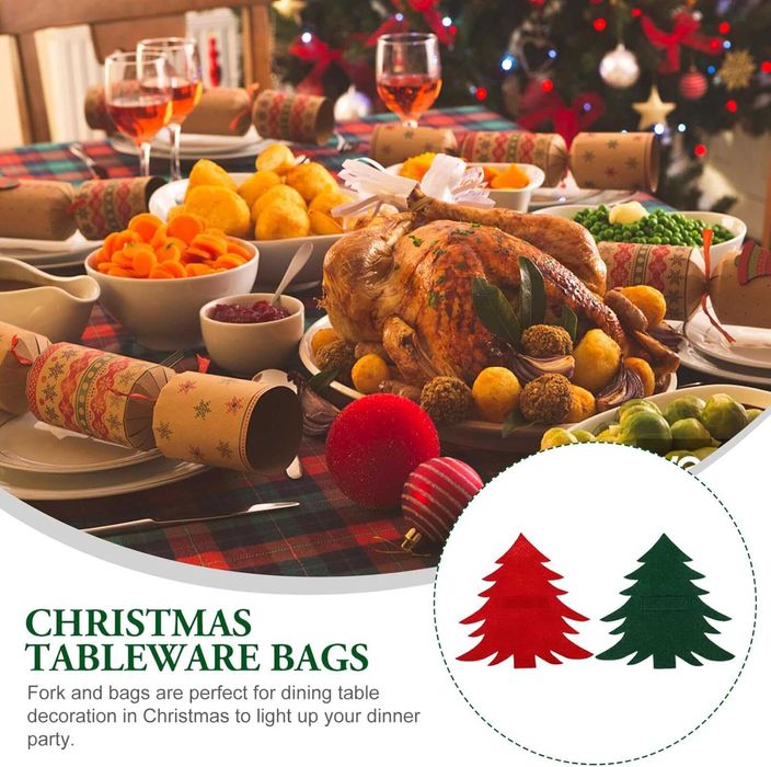 Set 12 suporturi pentru tacâmuri, model brad, din fetru, roșu & verde