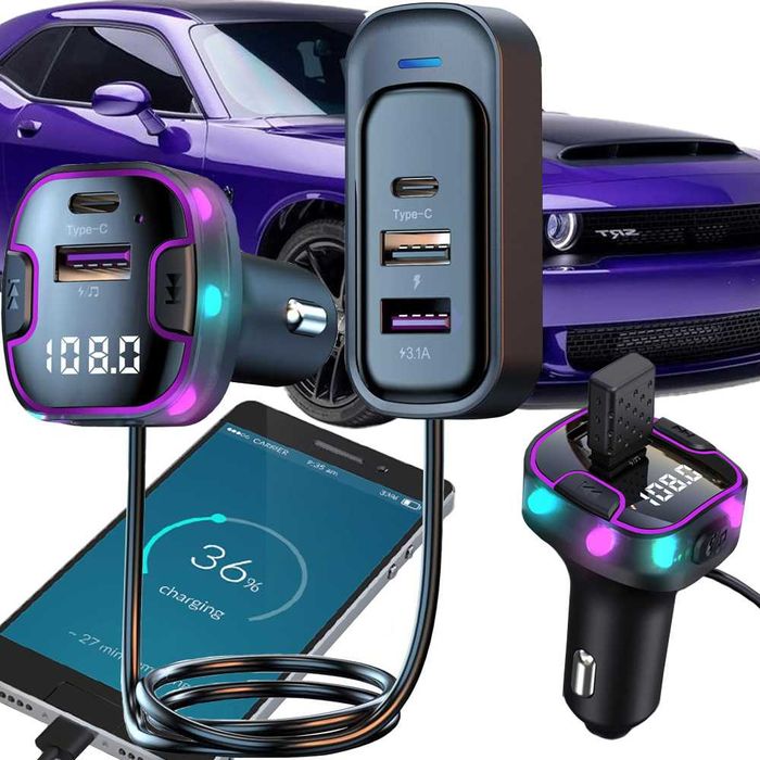 Bluetooth FM Трансмитер за кола с 3x USB и Type-C зарядно, микрофон