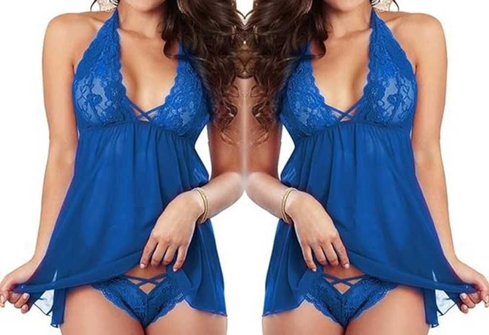 Set de lenjerie sexy, rochita, chilot Brazilian, dantela, M, Albastru