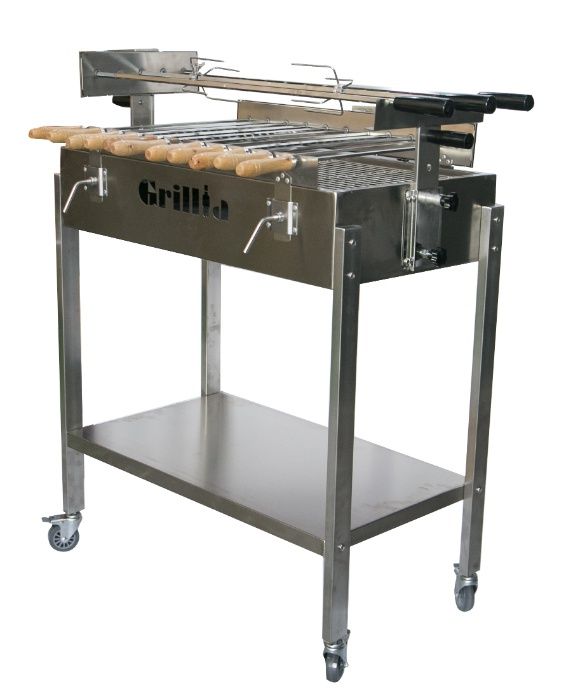 Gratar carbune BBQ FULL INOX, 3 rotiserie in linie si 11 frigarui