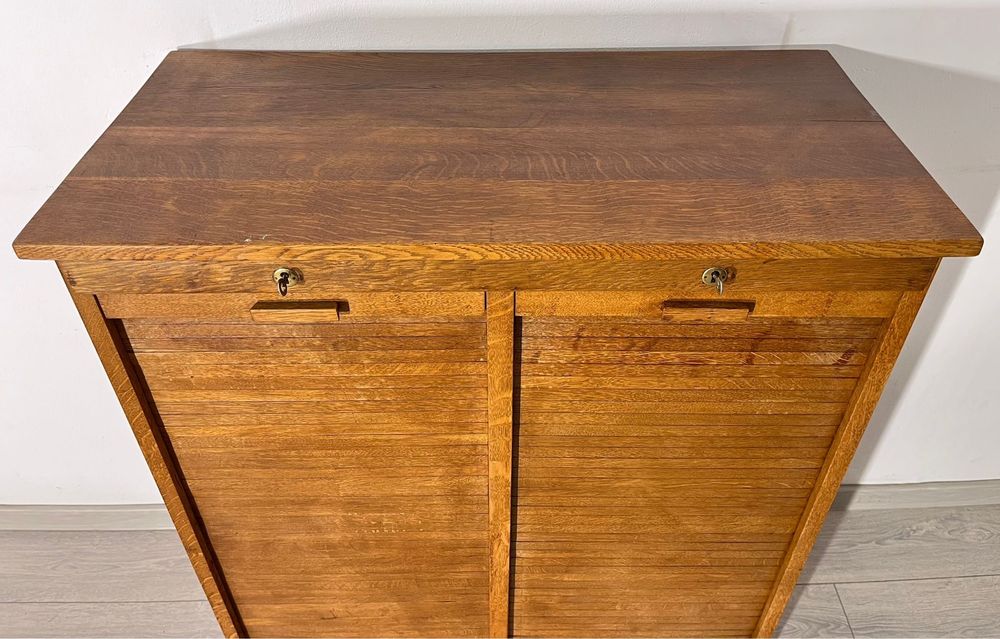 Cabinet Vintage din Lemn, 2 Uși tip Rulou; Comodă Fișet Dulap Scrin