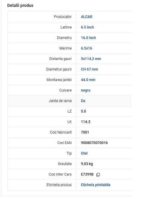 Set 4 jante tabla 5x114.3 6.5J R16 Hyundai/Kia/Toyota